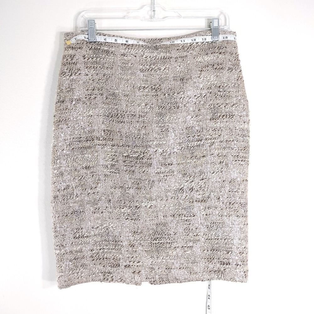 Herve Leger Silver Metallic Tweed Pencil Skirt; Wool Blend, Lined, Back Vent
